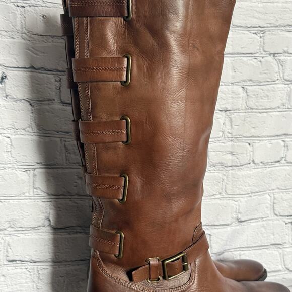 ARTURO CHIANG Brown Leather Tall Heeled Boots Riding Size 9 Stacked Heel - Picture 2 of 11